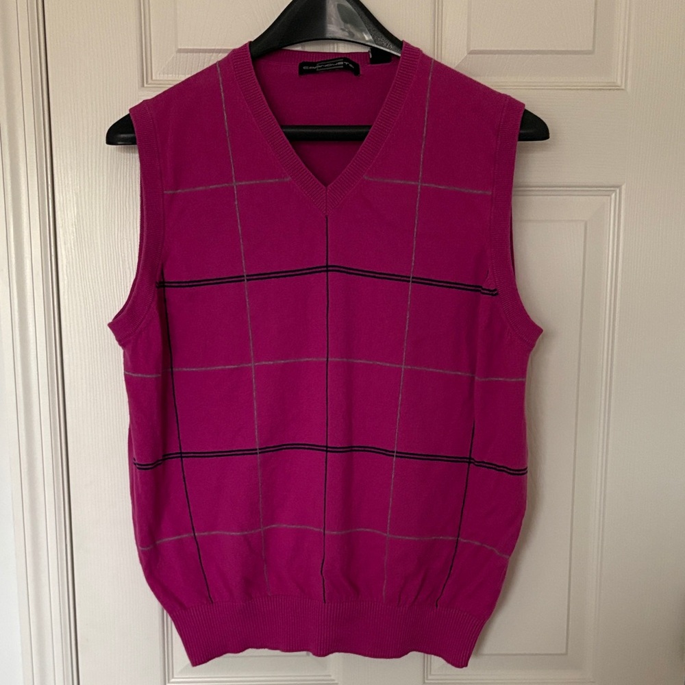 Men's V-Neck Sweater Vest in Bold Pink. Size L